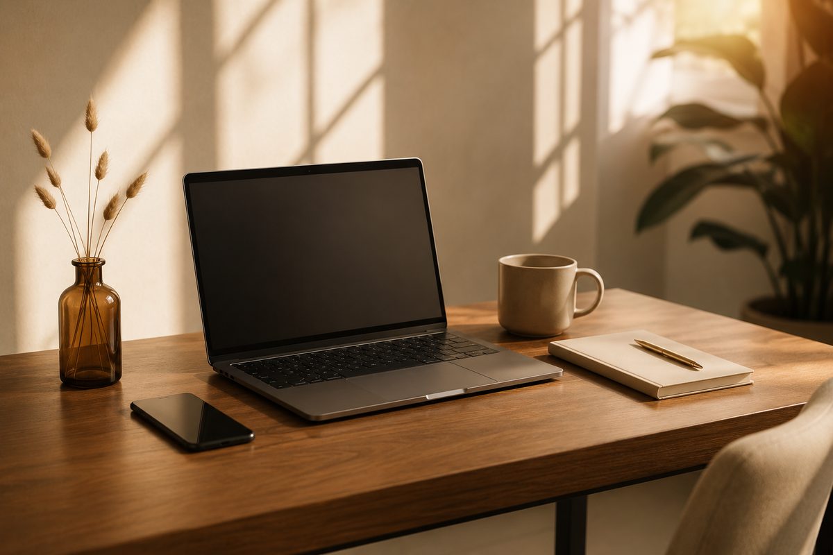Werkplek met laptop en telefoon